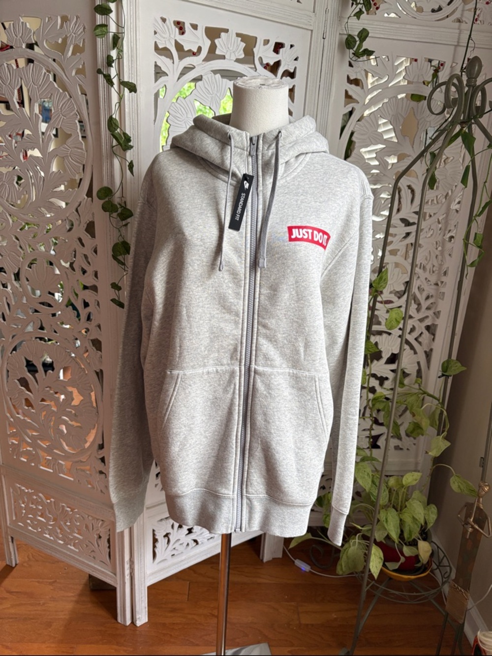 Men’s Nike Light Gray Zip Hoodie with Red 'JUST DO IT' Logo